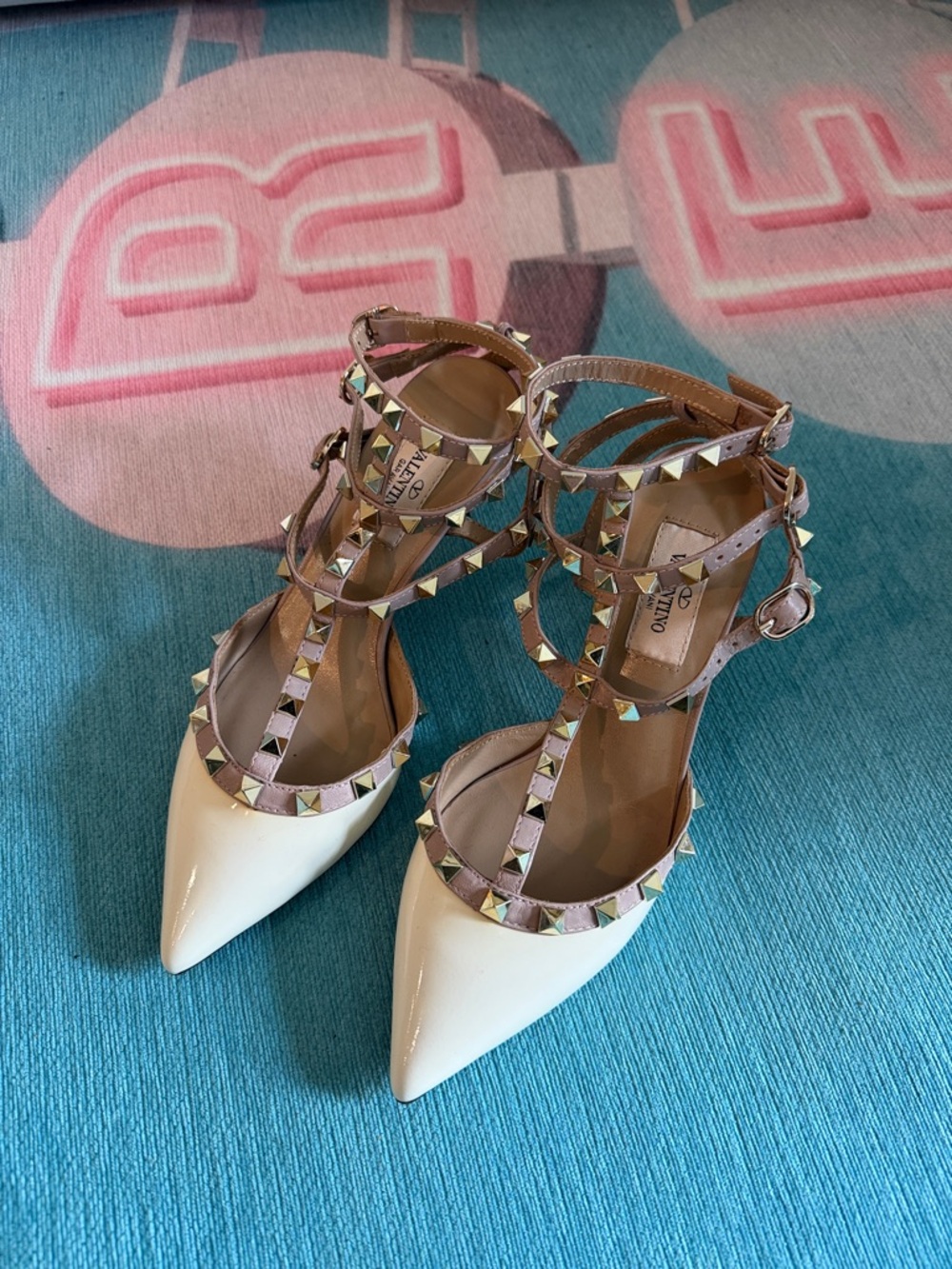 Valentino White Patent Pointed-Toe Rockstud T-Strap Pumps with Taupe Straps